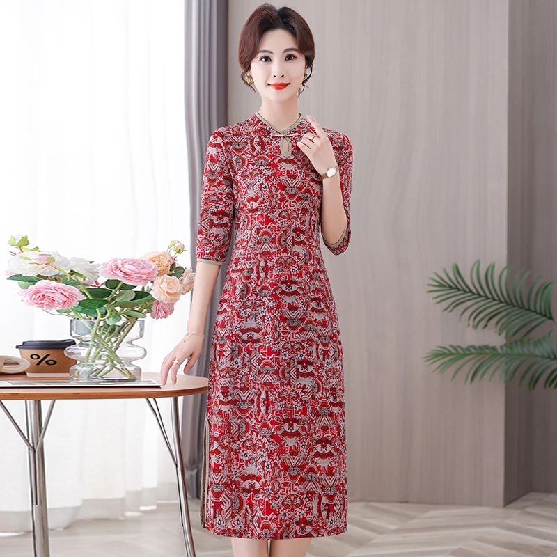新款妈妈装百搭显瘦连衣裙中年旗袍低开衩中袖水滴领中长款旗袍裙