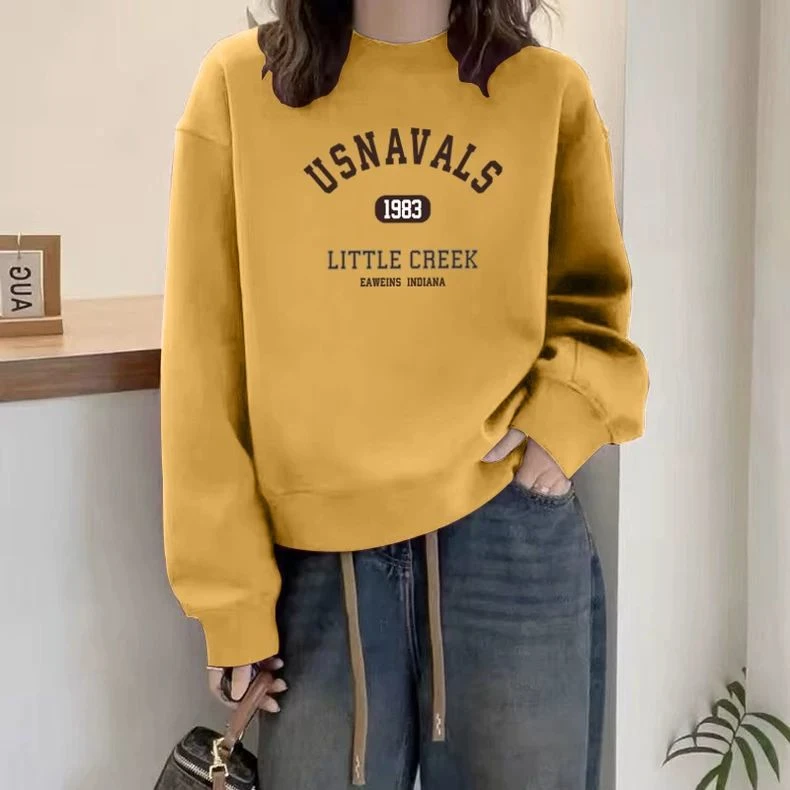 圆领套头打底衫加绒加厚卫衣女2025春秋季新款宽松韩版潮情侣外套