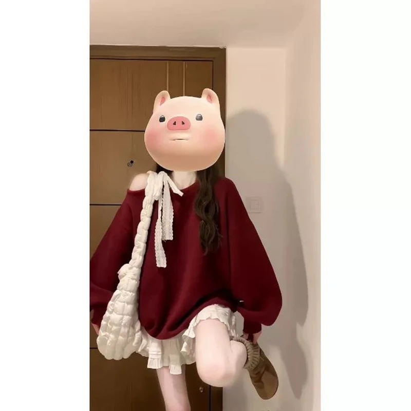 胖m大码300斤高级感系带蝴蝶结露肩加绒卫衣女秋冬慵懒风软糯上衣