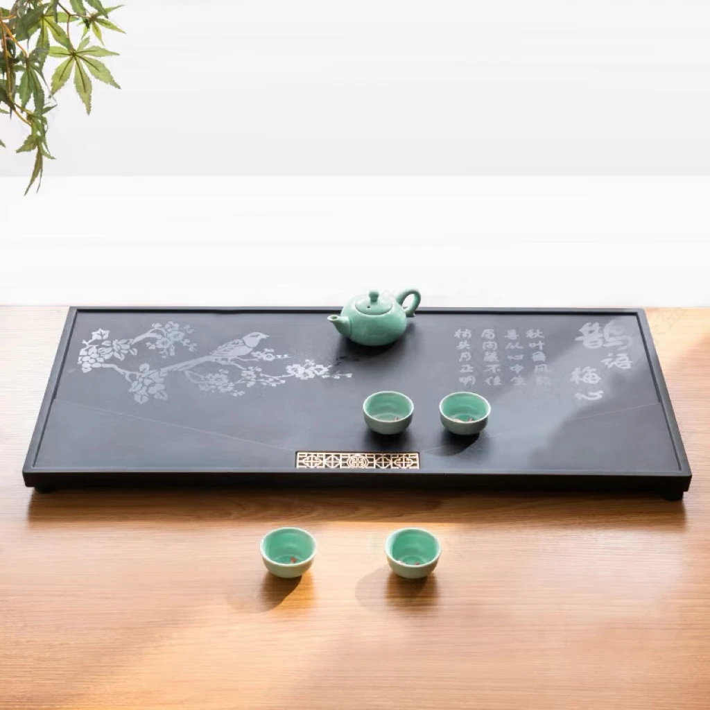 新款鹊语乌金石茶盘干泡石茶盘家用办公简约排水式茶具茶托盘茶台