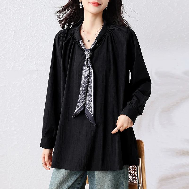 春秋新款大码女装领带衬衫2025年时尚简约百搭长袖黑色减龄上衣