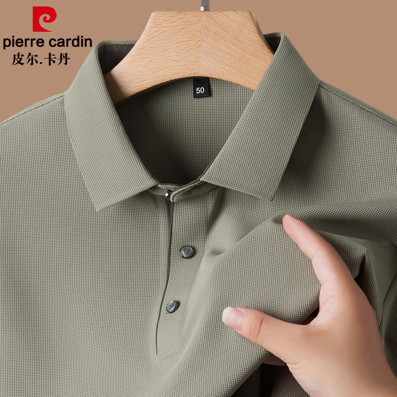 皮尔卡丹春秋新款长袖T恤男士上衣翻领纯色中年商务POLO衫宽松版