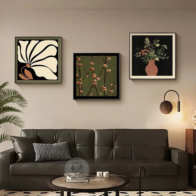 中古风客厅装饰画抽象复古卧室挂画新小众艺术正方形组合餐厅壁画