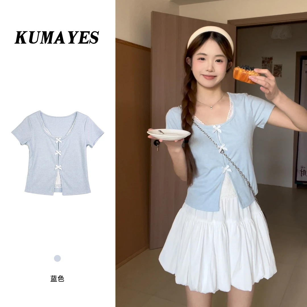 KUMAYES甜美蝴蝶结蕾丝拼接假两件短袖T恤女2025纯欲修身打底衫