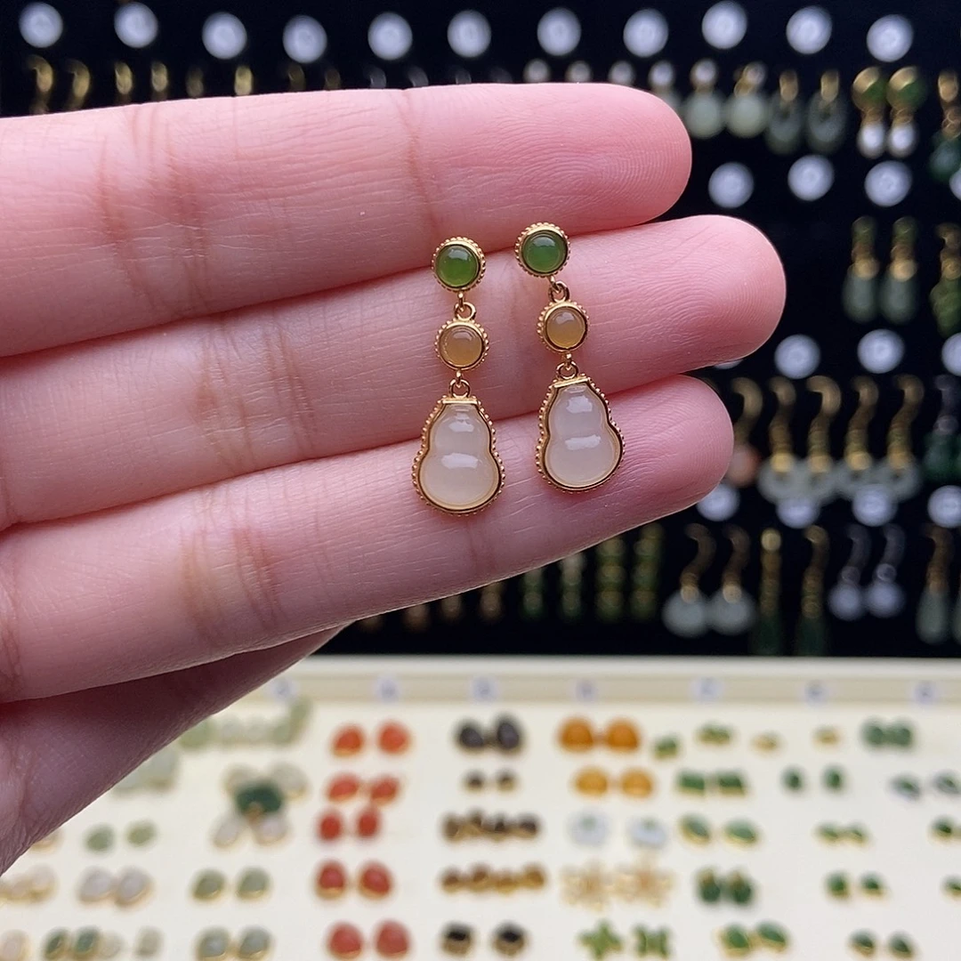 南红玛瑙银S925镀金镶嵌耳饰