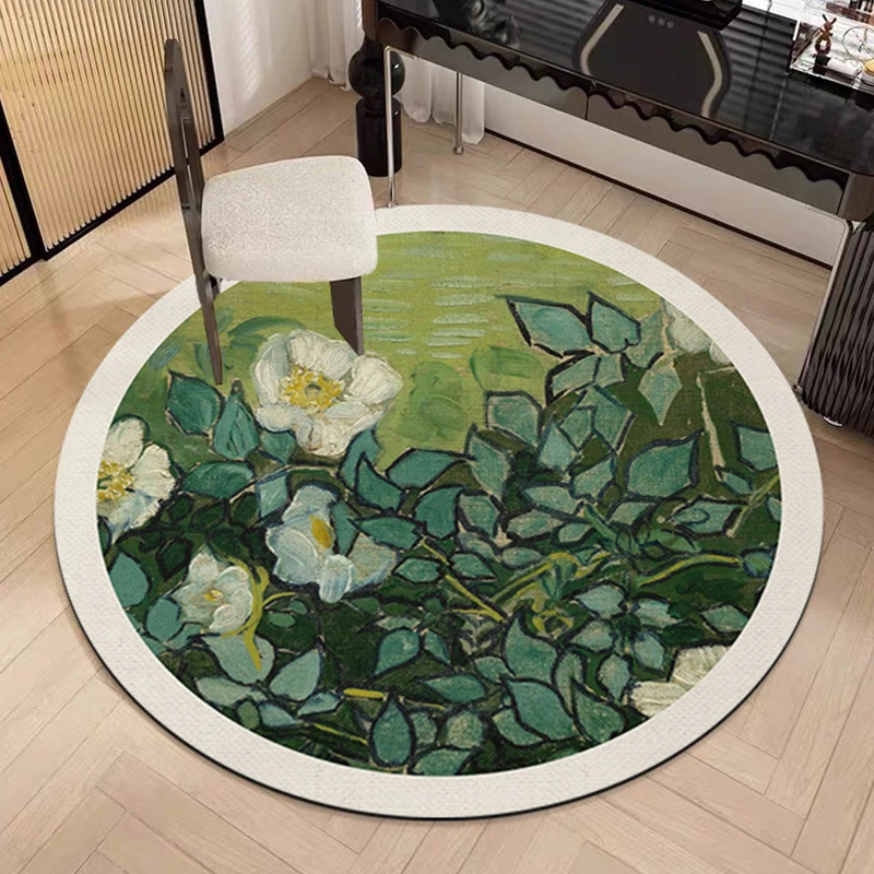 中古风亚麻材质圆毯轻奢沙发茶几床边毯高级卧室极简防滑