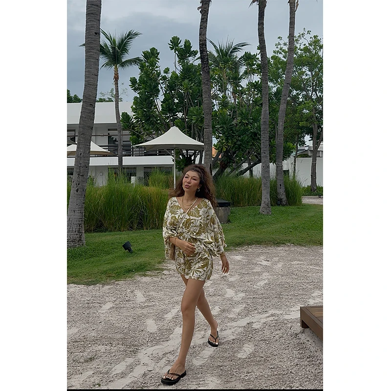 （小溪家）度假风连体裤慵懒休闲宽松蝙蝠袖V领上衣法式上衣裤子