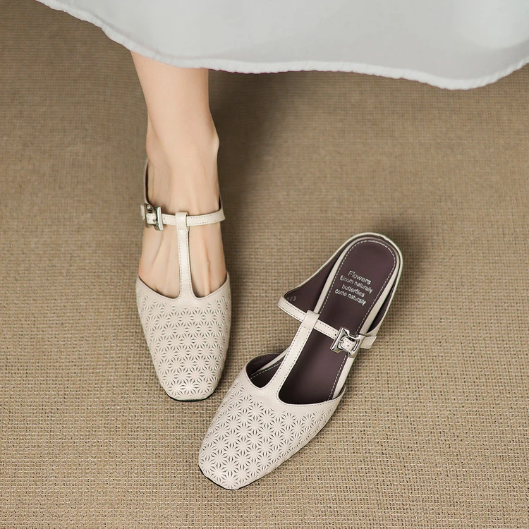轻奢鞋子夏季复古方头编织凉鞋女玛丽珍包头低跟百搭透气真皮鞋