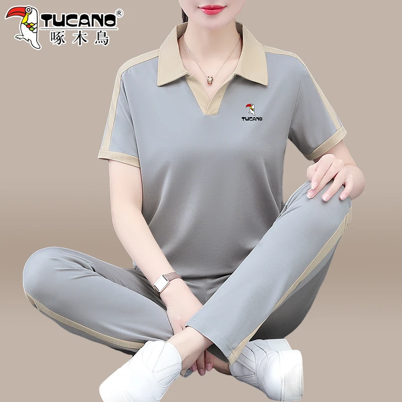 啄木鸟冰丝运动套装女2025新款夏季洋气时髦中老年妈妈短袖两件套