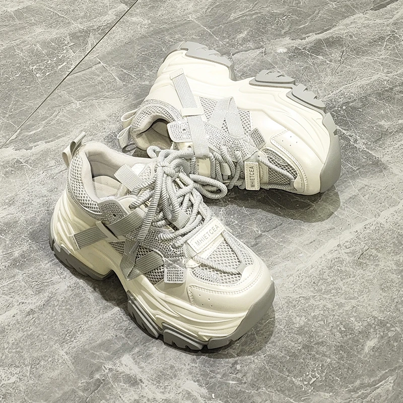 199-22纯色松糕底时尚休闲鞋水钻老爹鞋圆头系带网状深口厚底