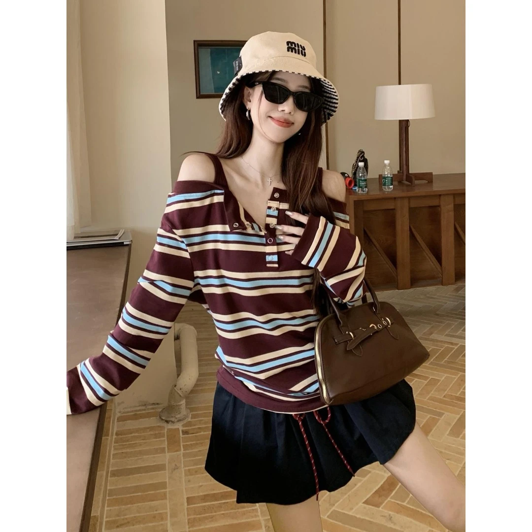 甜酷辣妹假两件长袖条纹T恤女秋设计感小众宽松显瘦露肩百搭上衣
