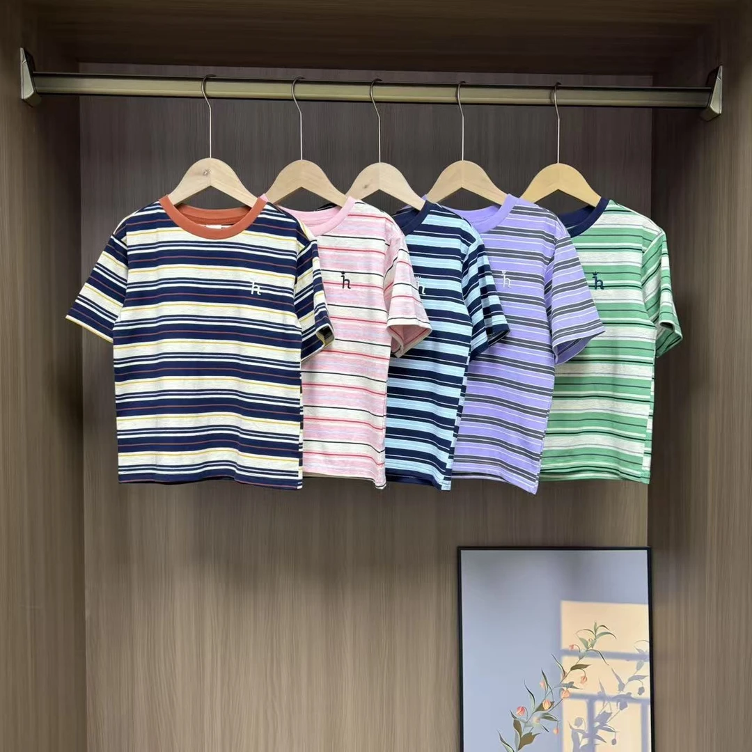 夏季条纹彩色儿童多巴胺中大童短袖t恤男女童