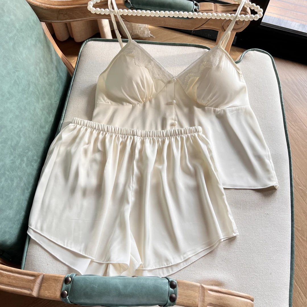 带胸垫2025新款性感吊带短裤冰丝睡衣女套装纯欲风蕾丝睡衣家居服