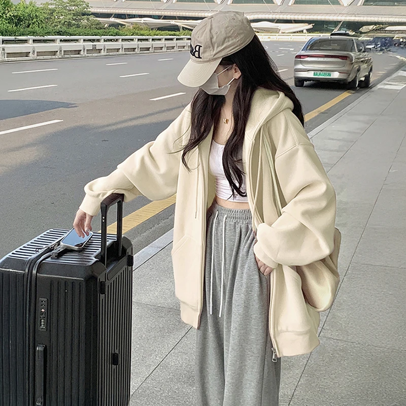 秋冬季chic拉链外套oversize加绒连帽卫衣女2025新款杏色宽松上衣