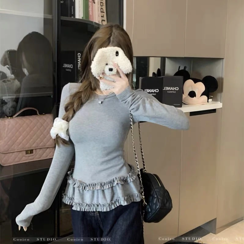 A甜美风荷叶边打底衫圆领长袖内搭T恤女修身显瘦别致上衣6119#