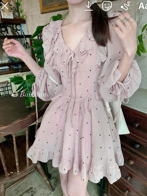 波点超仙ins甜辣荷叶边雪纺连衣裙收腰短裙子森系鱼尾法式仙女裙