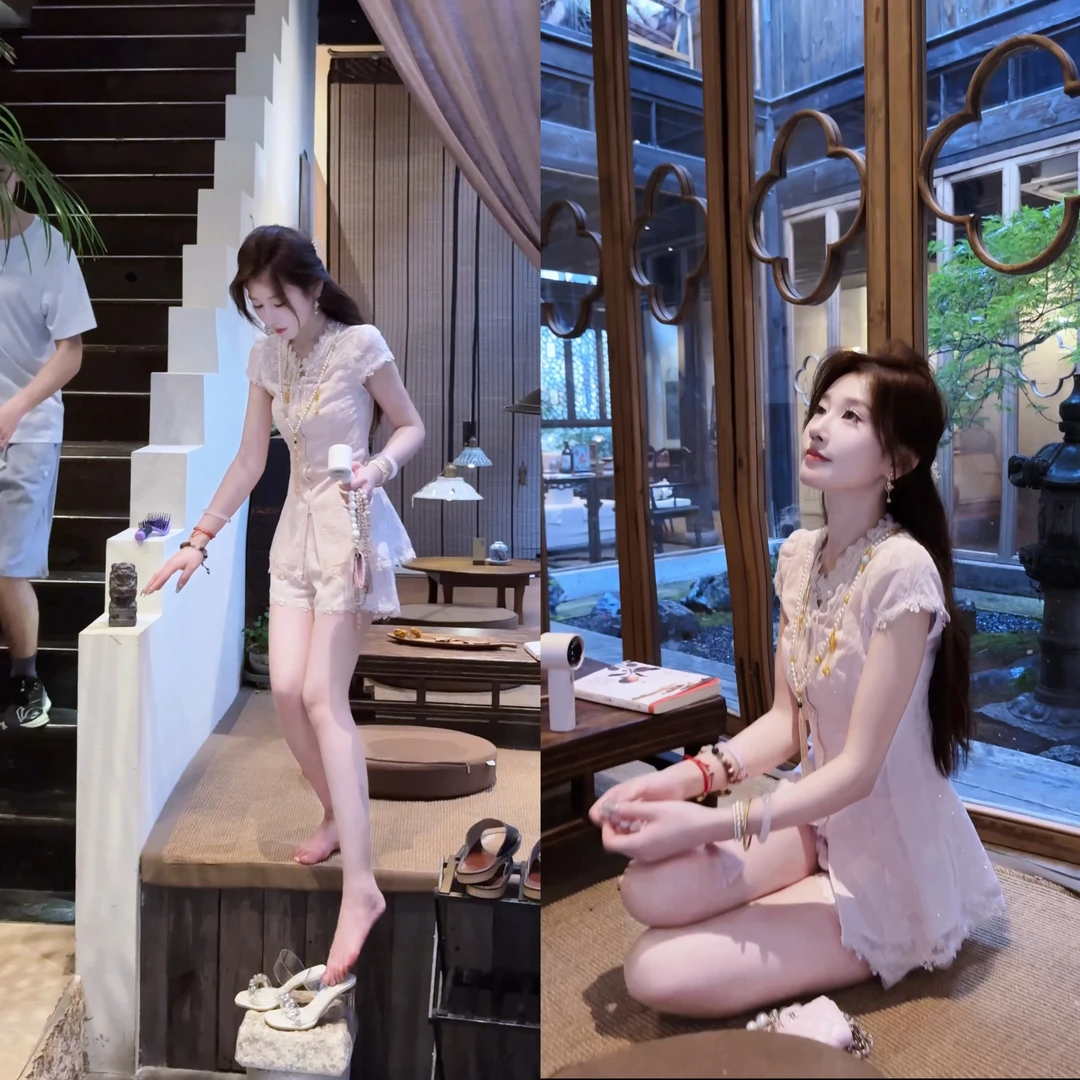 【婷婷】《桃花依旧》甜甜的 刺绣蕾丝短裤国风套装 TTH2SX633