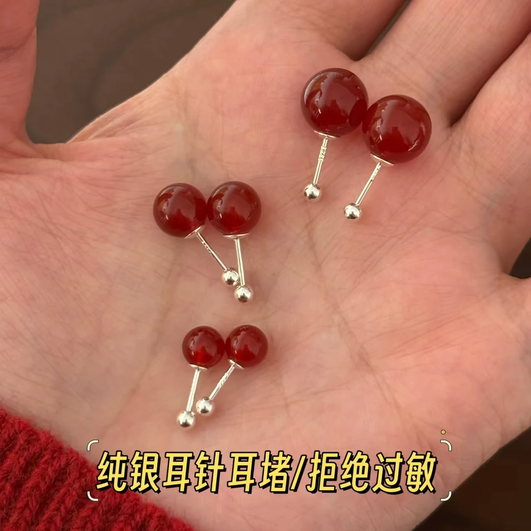S999纯银针红玛瑙耳钉女网红气质时尚复古百搭螺丝拧防丢玉石耳环