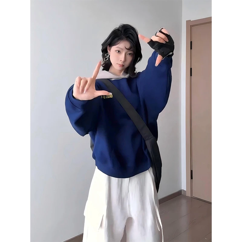 藏青色宽松短款卫衣男女秋季撞色拼接印花外套小众设计感百搭帽衫