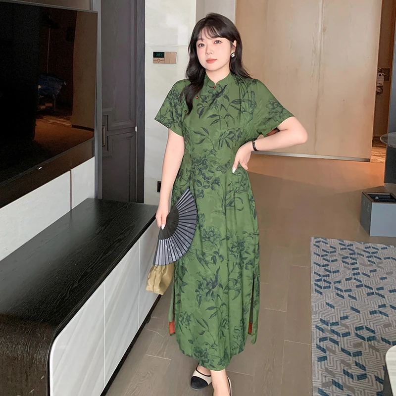 复古连衣裙旗袍立领收腰墨绿色显瘦新款国风260450胖妹妹夏季