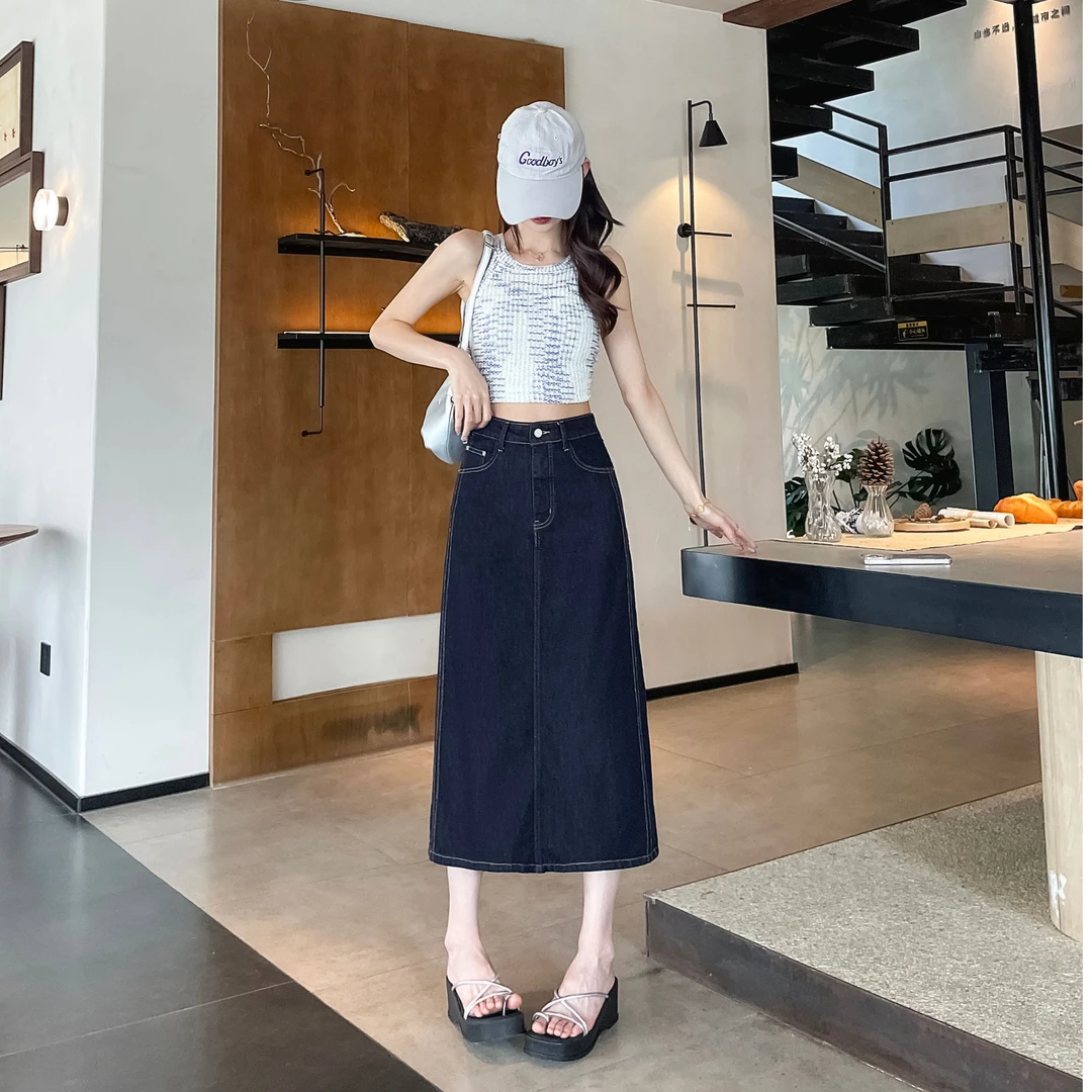 高腰开叉牛仔半身裙夏季2025新款小众女装显瘦A字中长款包臀裙子