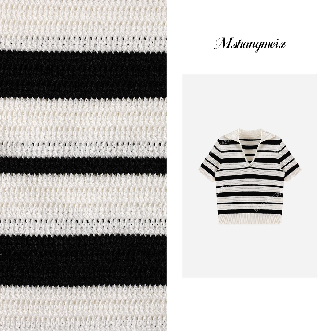 M.SHANGMEI.Z/沐熙【黑白分明】美大哥条纹v领透气针织上衣X072748