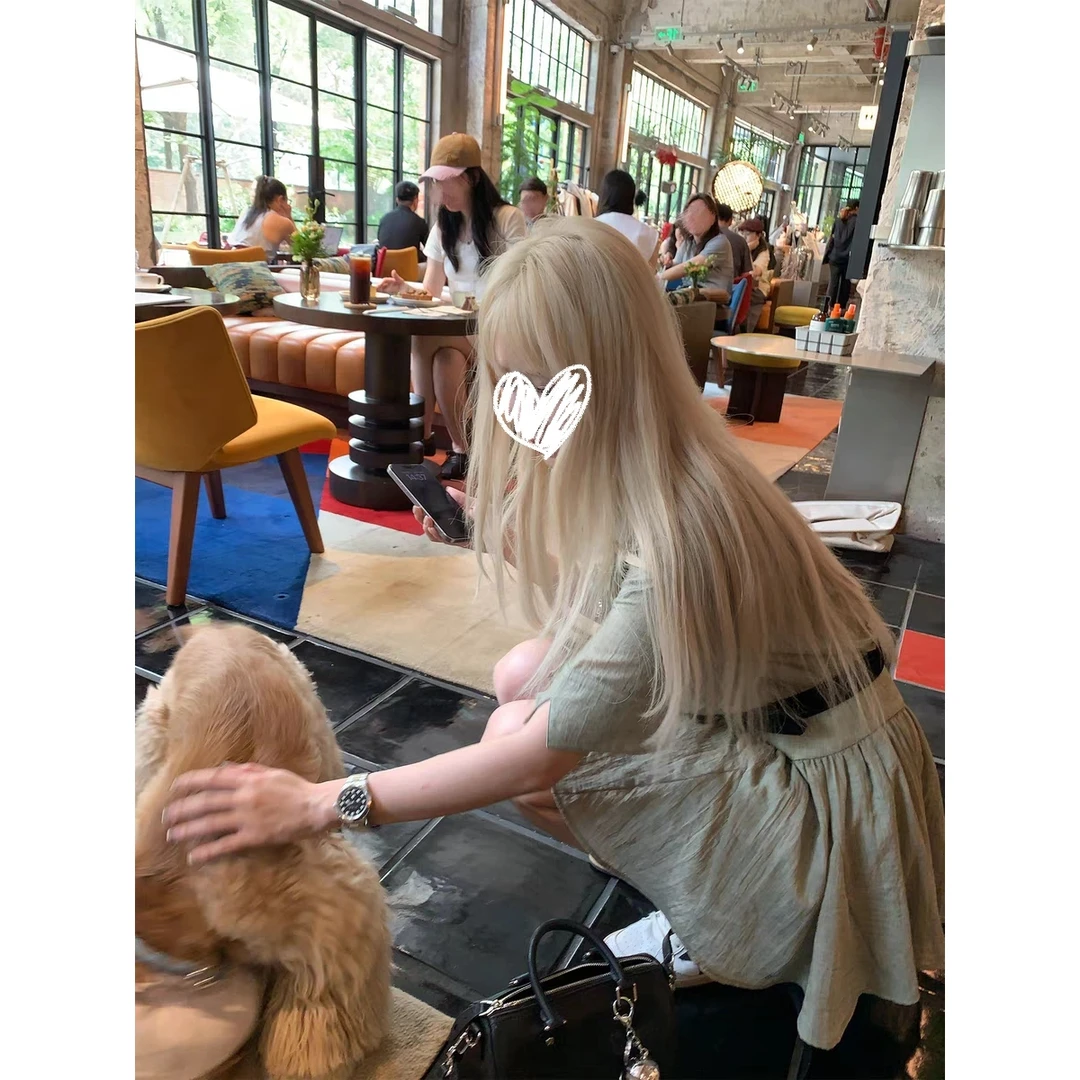 奶盐抹茶 花丝皱衬衫连衣裙夏季半开领短袖收腰A字裙短裙女