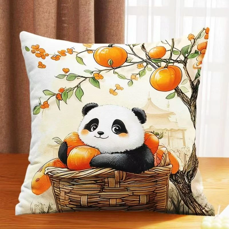 【铭哥家】新款年味中国风沙发客厅水墨靠垫爆款熊猫抱枕-竹篮