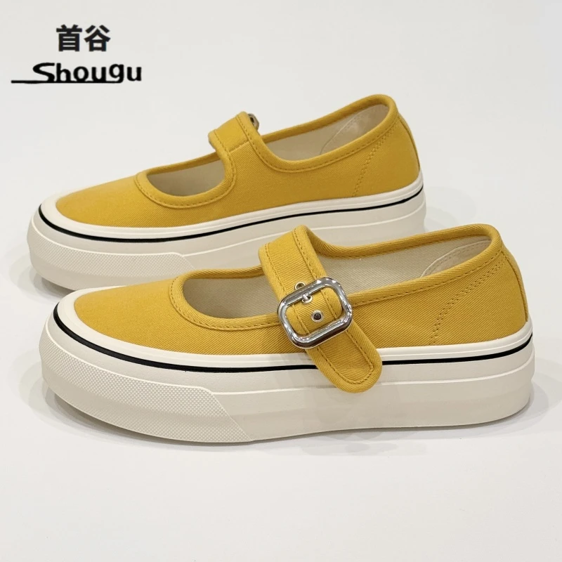shougu/首谷复古厚底黄色浅口玛丽珍鞋女款休闲帆布鞋一字扣单鞋