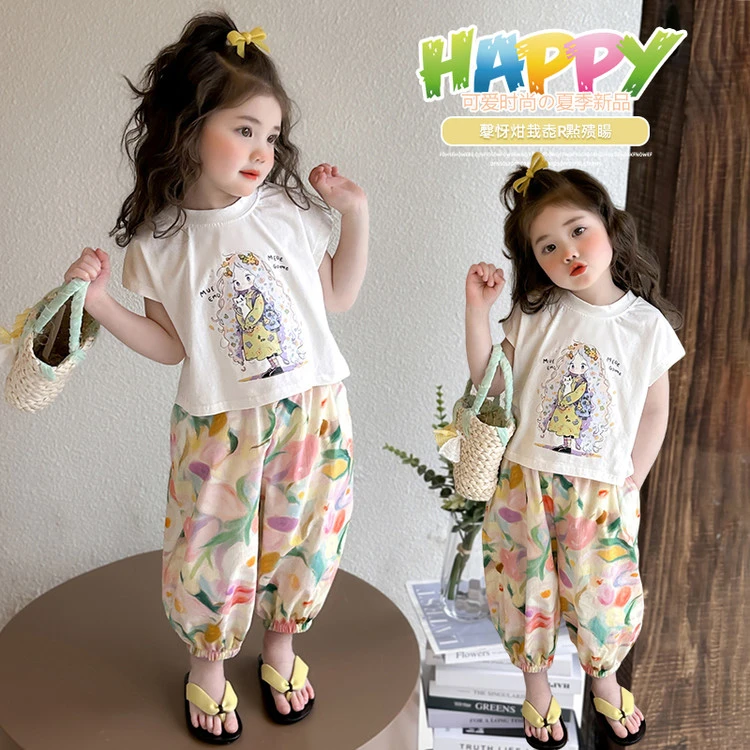 女童夏装套装2025新款儿童夏季洋气时髦女孩宝宝短袖防蚊裤两件套
