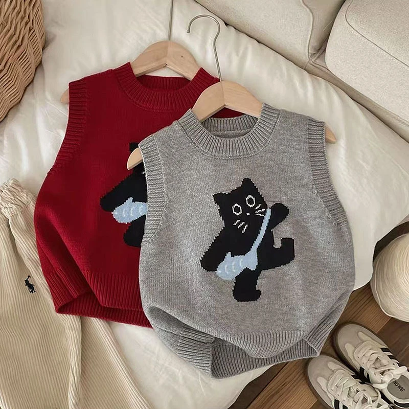 卡通动漫男童女童春秋童装圆领无袖马甲可爱小狗儿童百搭毛衣马甲