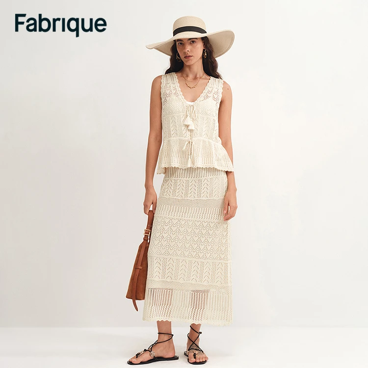 【贤哥专享】Fabrique香草色爱心镂空针织亚麻背心半裙套装两件套