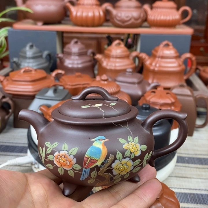 紫砂茶壶三足宫灯180CC原矿老紫泥全手工彩绘