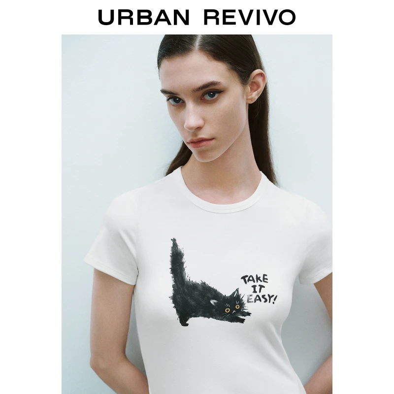 UR2025春季新款女装时尚撞色印花图案修身短袖T恤UYV450032