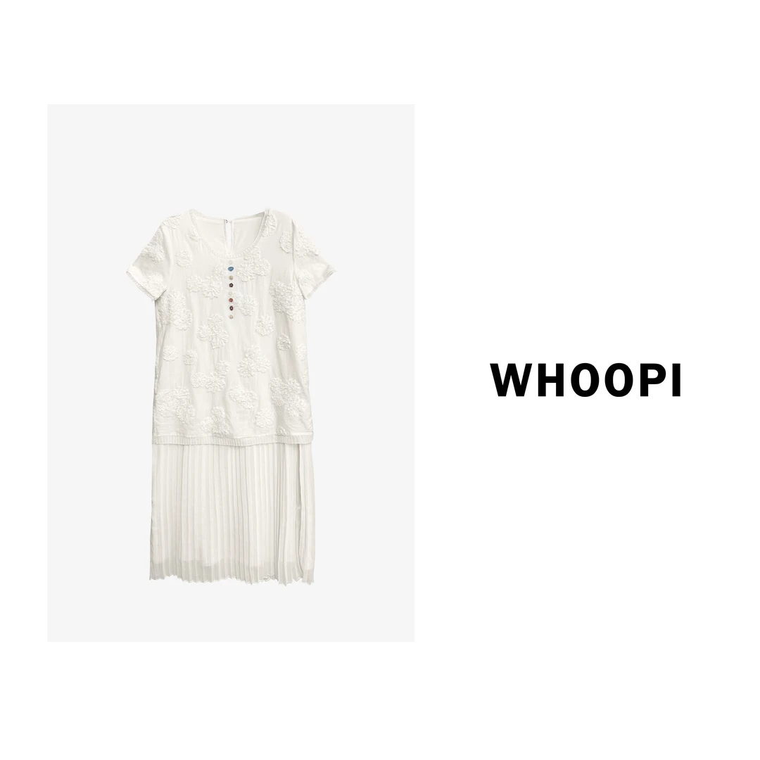 【Whoopi】【清风茉白】重工刺绣气质拼接仙女长裙休闲度假风连衣裙
