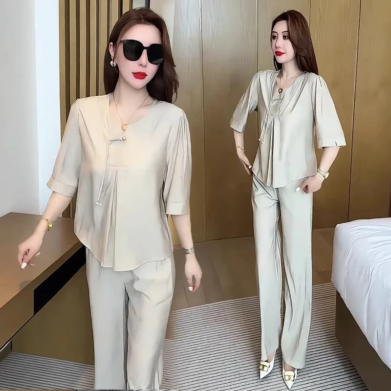 时尚轻奢套装女2025夏季新款洋气宽松显瘦短袖上衣阔腿裤两件套潮