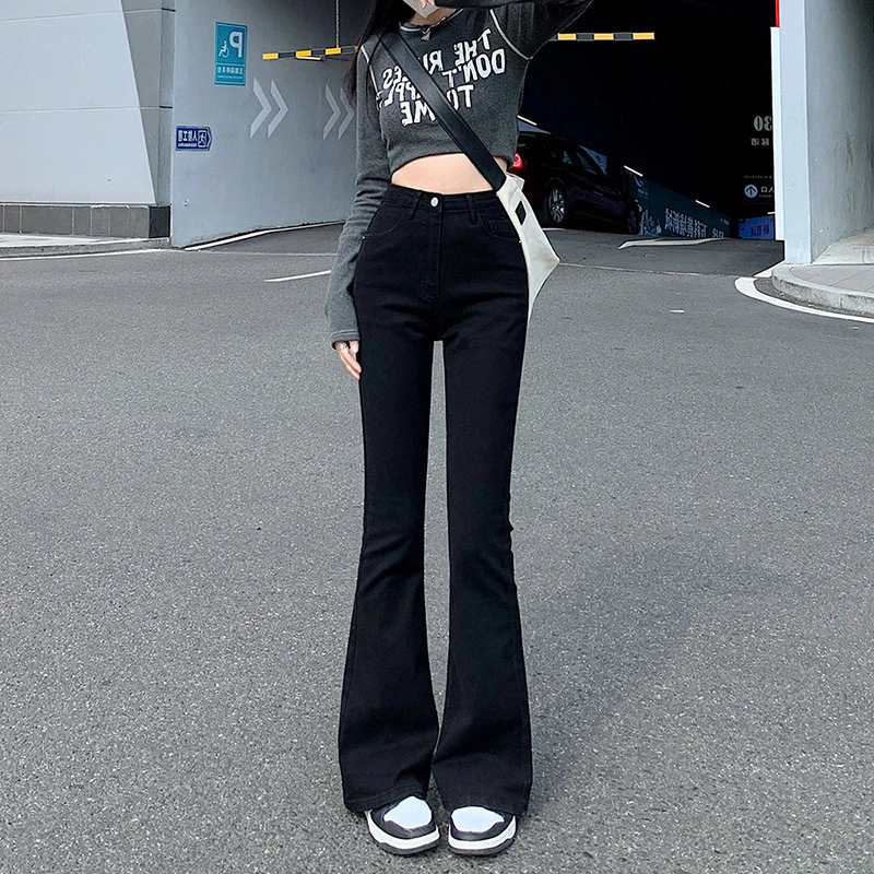 花乐集黑色加绒加厚微喇叭牛仔裤女韩版高腰显瘦弹力拖地马蹄长裤