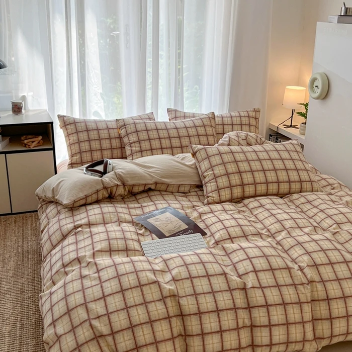 2025新款学生季A类格子加厚亚麻皱皱纱四件套