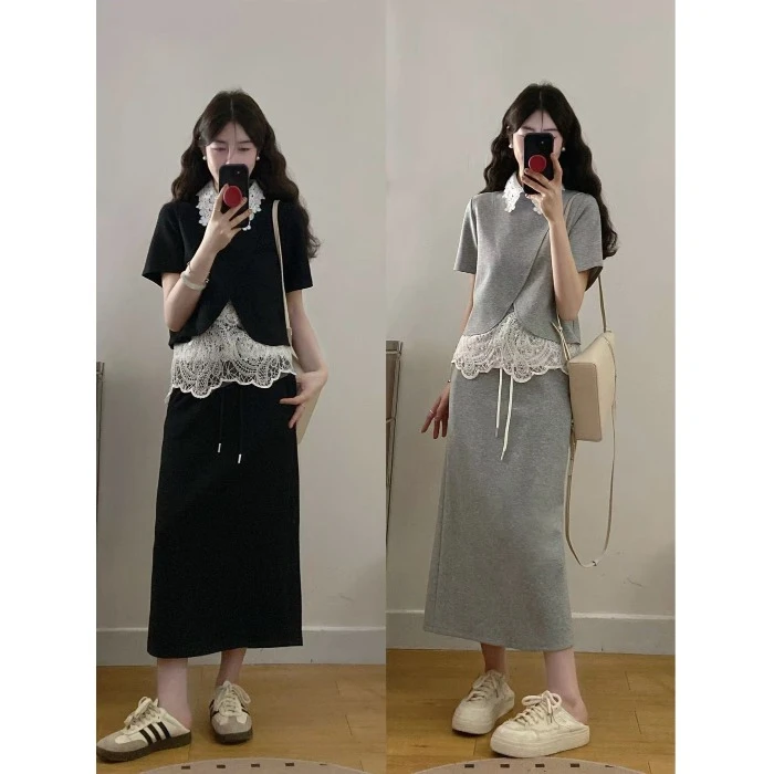 2025新款夏大码女装时尚设计感韩版叠穿休闲拼接蕾丝减龄套装