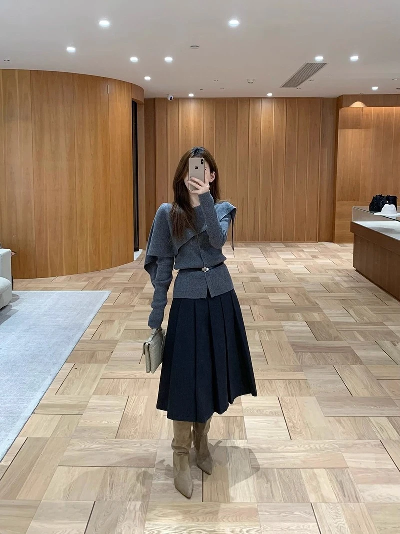 法式气质优雅氛围感套装长袖针织衫女装秋季新款百褶半身裙两件套