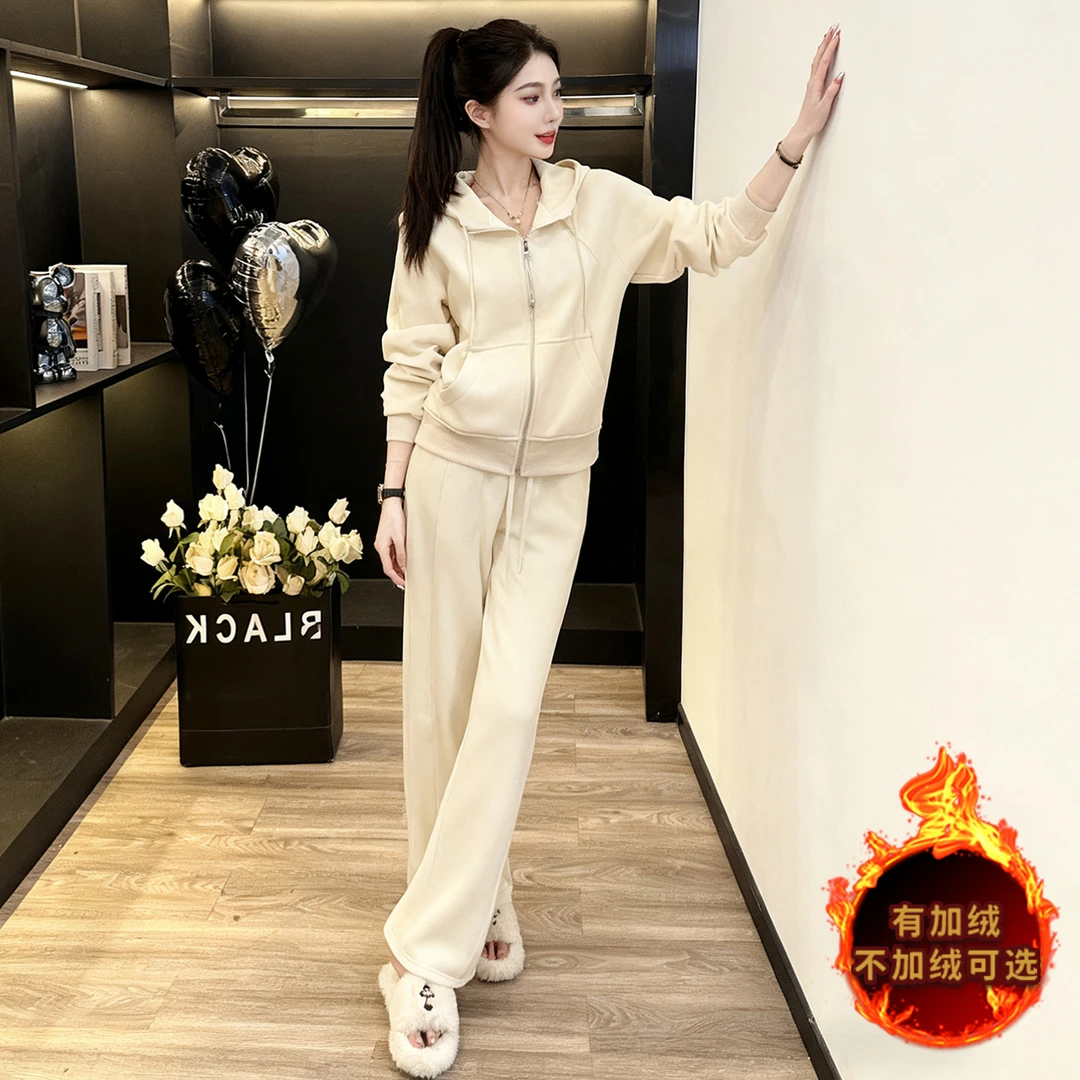 盐系穿搭休闲运动套装女秋冬季时尚洋气减龄加绒外套阔腿裤两件套