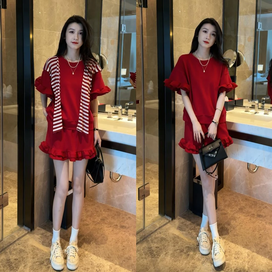 夏日清凉休闲宽松设计感蛋糕花边短袖T恤时尚套装纯色百搭短裙