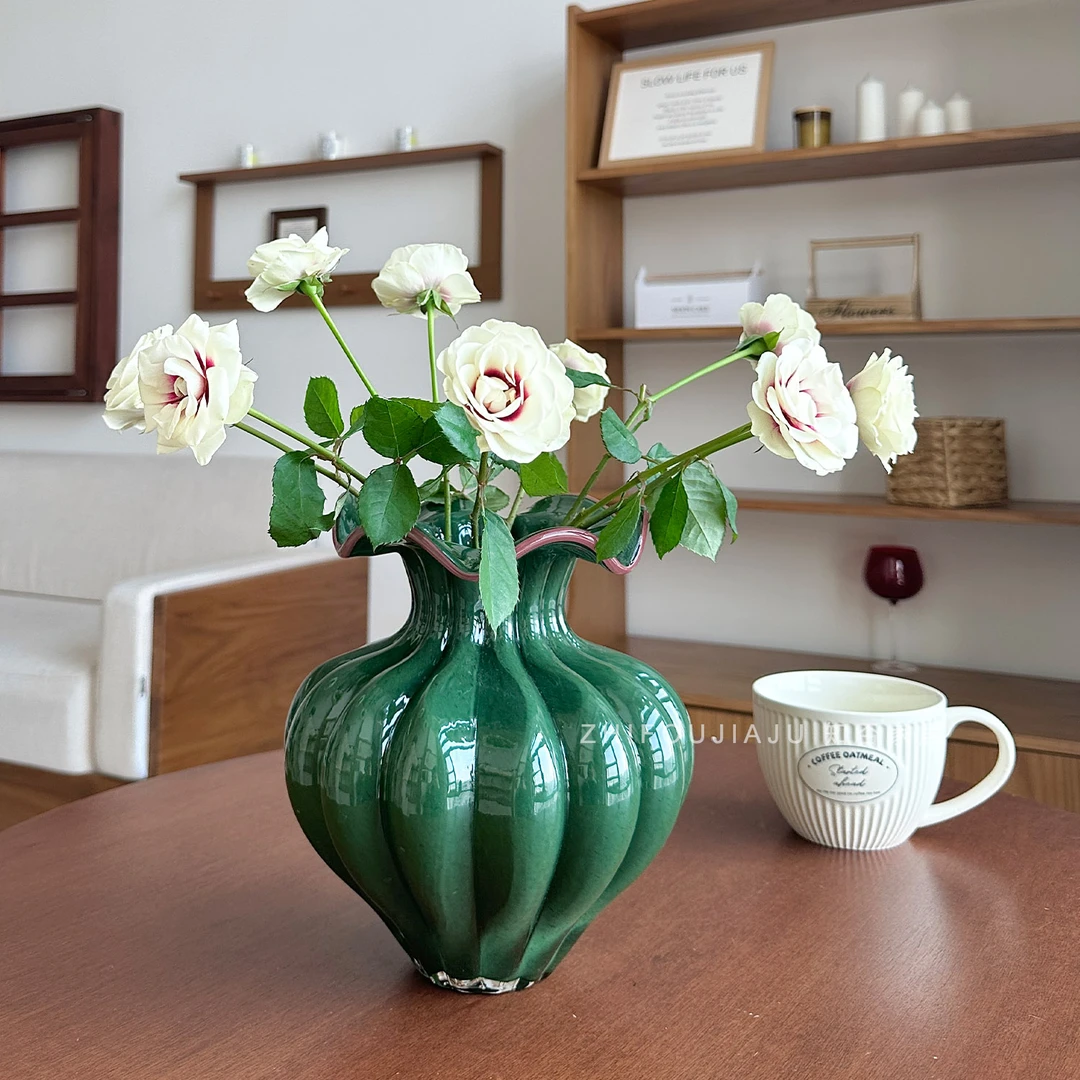 碧浪花瓶中古风芬顿花器手工绿色高级感客厅法式复古琉璃装饰摆件