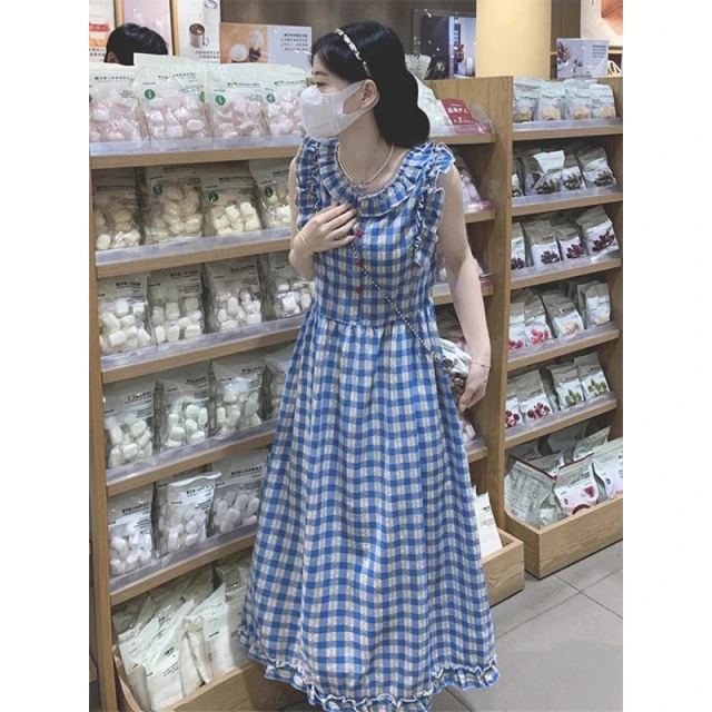 蓝色格子小个子连衣裙女装2025夏季新款时尚高级感设计感长裙裙子