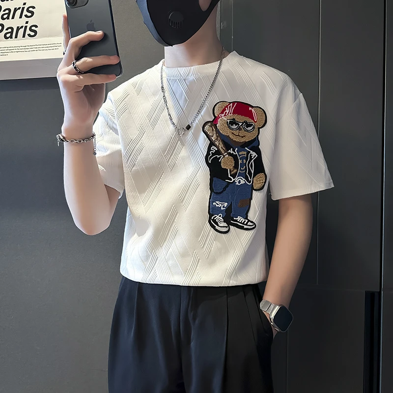 小熊刺绣t恤男夏季短袖2025新款男生穿搭衣服高级感男装半袖体恤