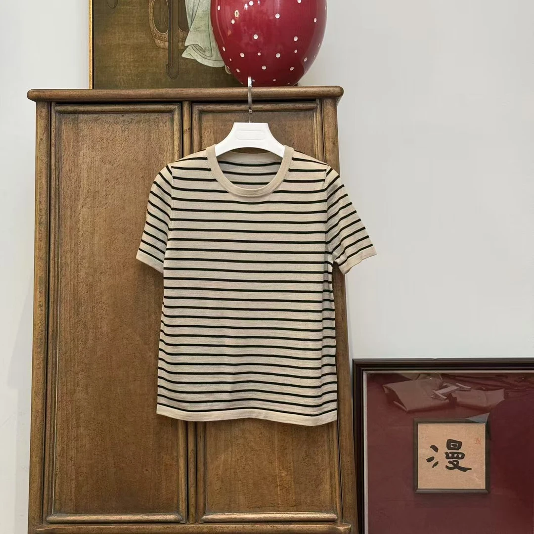 MYL2025春夏季新品绵羊毛条纹针织衫圆领短袖拼色百搭针织T恤