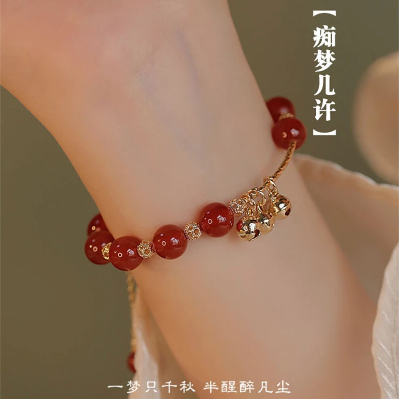 天然红玛瑙手链铃铛吊坠手链女ins小众本命年手时尚百搭饰品