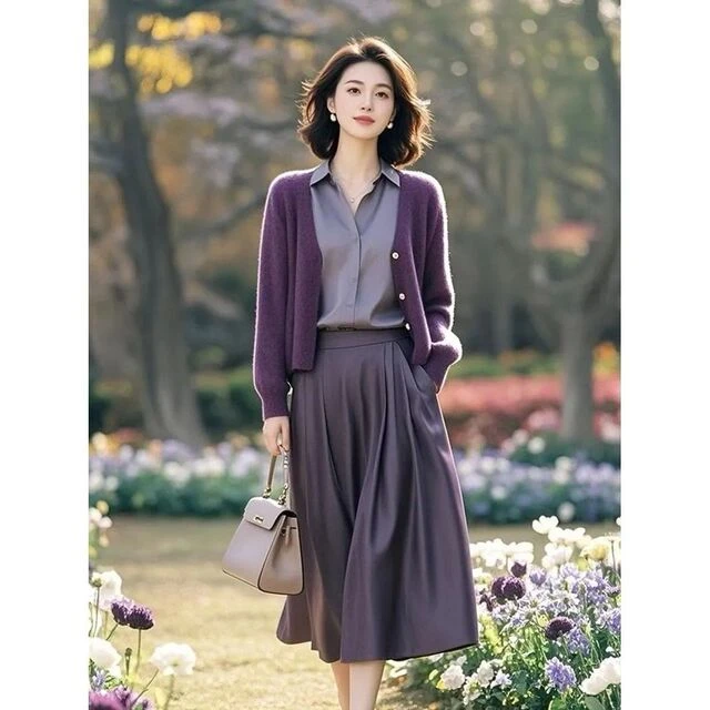 2025春季穿搭一整套高级感绝美气质休闲紫色针织开衫半身裙两件套