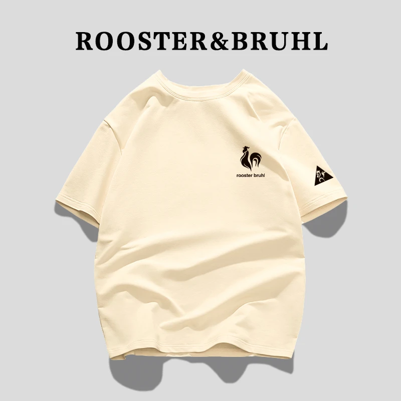法莱尔公鸡100%纯棉短袖T恤男2025夏季大码宽松圆领简约百搭潮流T