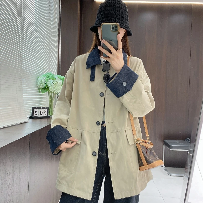 IMFLY金小金自制女装 风衣DYW8852春季新款拼接中长休闲大衣外套